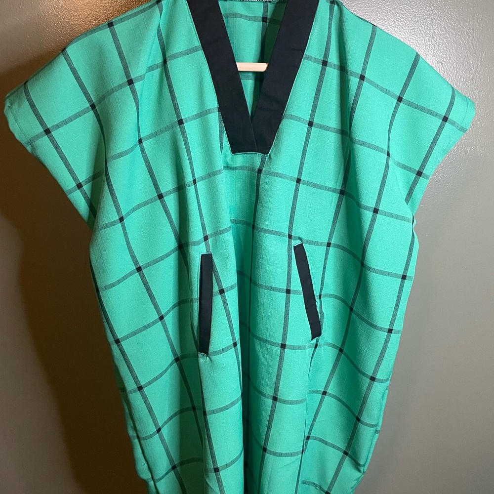 Green Plaid Blouse with Black Accents and Pockets